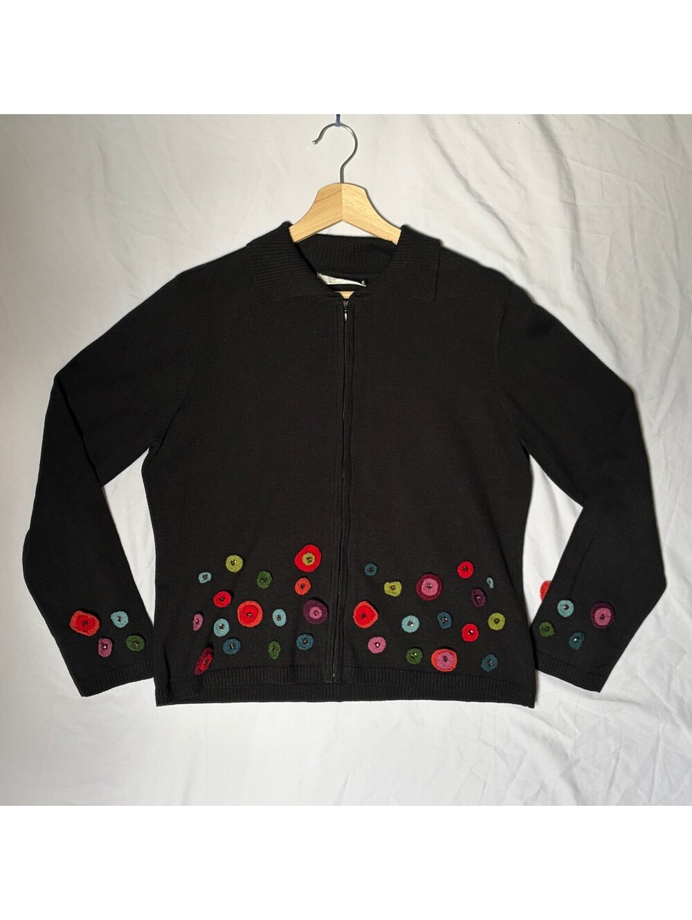 Black Cardigan Vintage Zip 90s Multicolor Floral Applique Whimsical Nostalgia